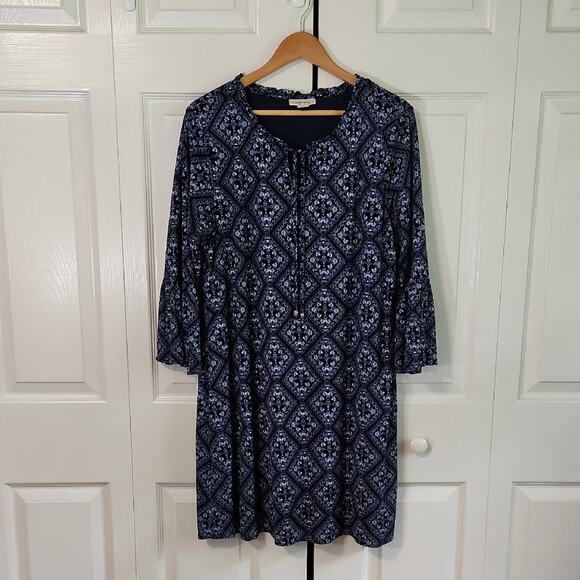 Style & Co Blue Floral Knee Length Dress Size XL Beaded Tie Flare Sleeve Boho - Picture 1 of 10